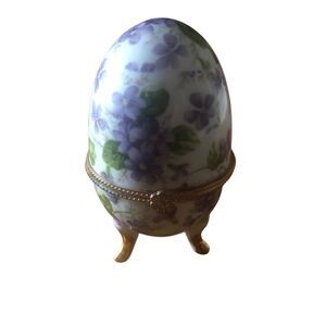 Lily Creek Porcelain Egg Shaped Trinket Box Footed Purple and Green Flowers